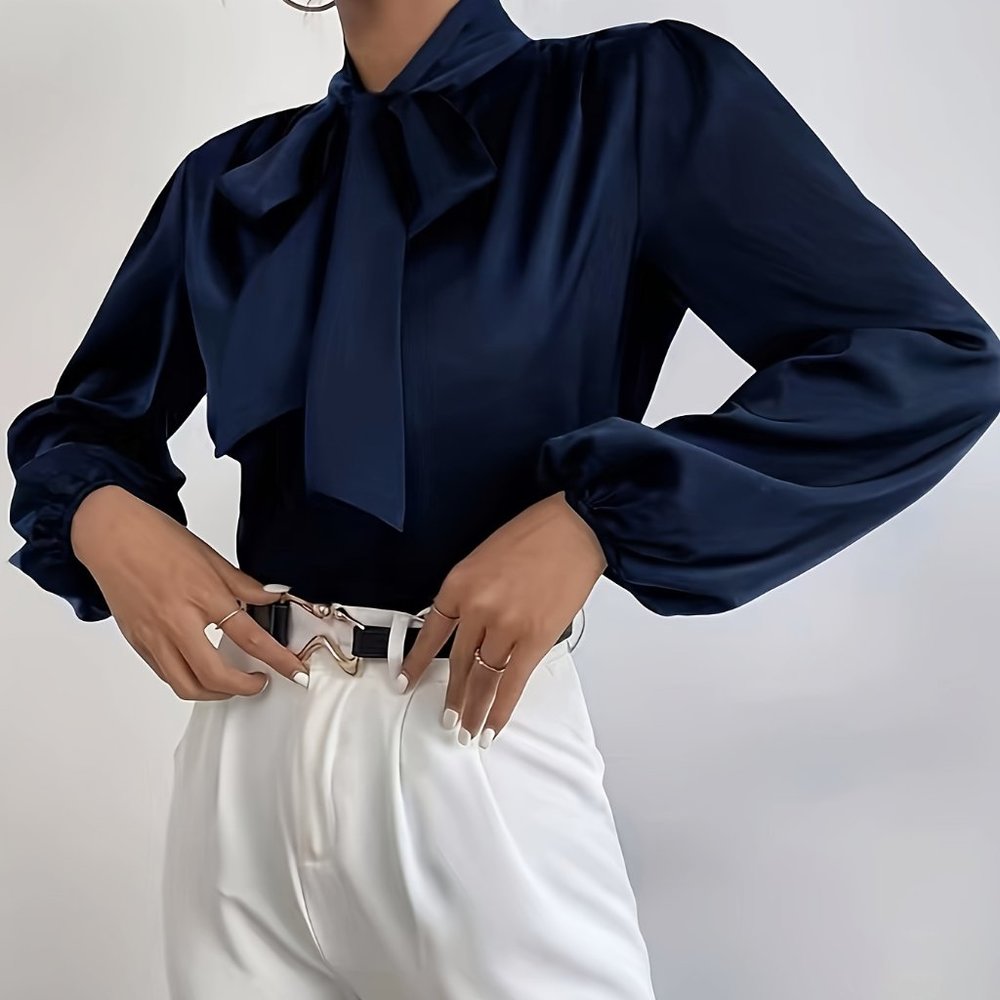 Elegant Lantern Solid Tie Neck Long Sleeve Blouse
